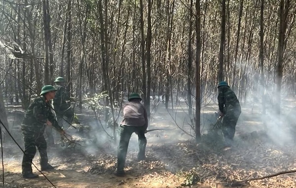 La chaleur et les vents violents rendent difficile l'extinction des incendies de forêt. Photo: Comité militaire de la commune de Hiếu Giang
