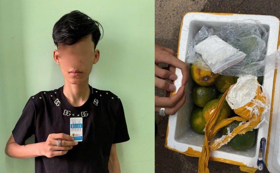 Police caught Le Van Ngh. (born 2009, residing in Phu My Tay commune, Gia Lai) red-handed while transporting more than 98 grams of drugs. Photo: Police