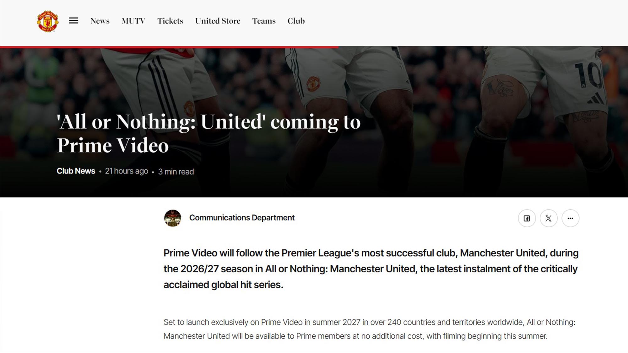 Thông báo về việc ra mắt phim tài liệu “All or Nothing” trên trang chủ Manchester United