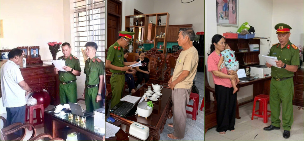 Cơ quan CSĐT Công an tỉnh Gia Lai thi hành quyết định khởi tố đối với Đỗ Đức Thịnh, Võ Xuân Nghị và Mai Thị Dung (từ trái sang). Ảnh: Công an