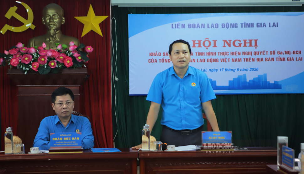 Chủ tịch LĐLĐ tỉnh Gia Lai Hà Duy Trung phát biểu. Ảnh: Hoài Phương