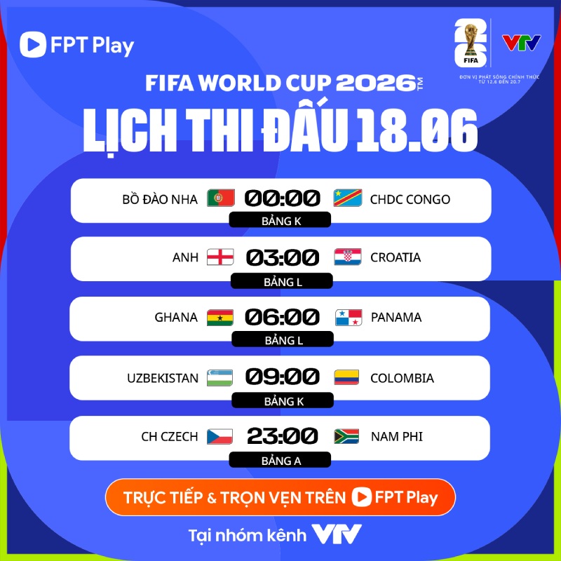 Lịch thi đấu World Cup 2026 ngày 18.6. Ảnh: FPT Play