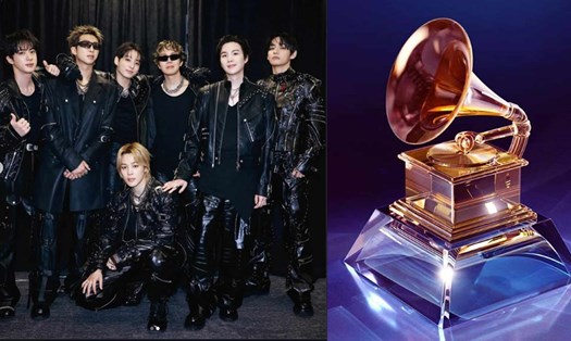 BTS members on stage next to a Grammy Award trophy representing the 2027 Grammy Awards boycott