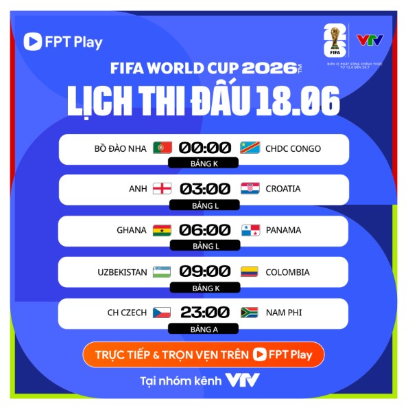 Lịch thi đấu World Cup 2026 ngày 18.6. Ảnh: FPT Play