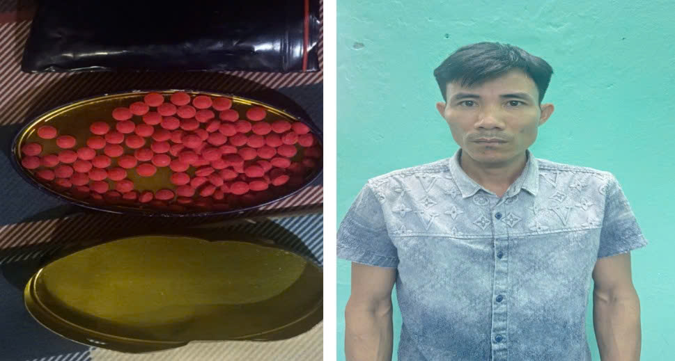 Subject Nguyen Van Chung and the seized drugs. Photo: Hung Yen Provincial Police