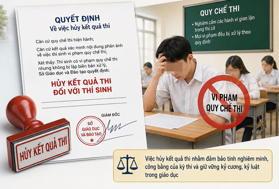 The education sector decided to cancel the exam results of candidates who brought phones into the exam room but were not recorded. Graphics: Huu Long