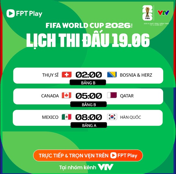 Lịch thi đấu World Cup 2026 ngày 19.6 (theo giờ Việt Nam). Ảnh: FPT Play