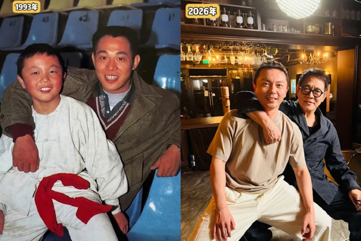 Jet Li and Xie Miu recreate the arm-up pose after 33 years. Photo: Xinhua