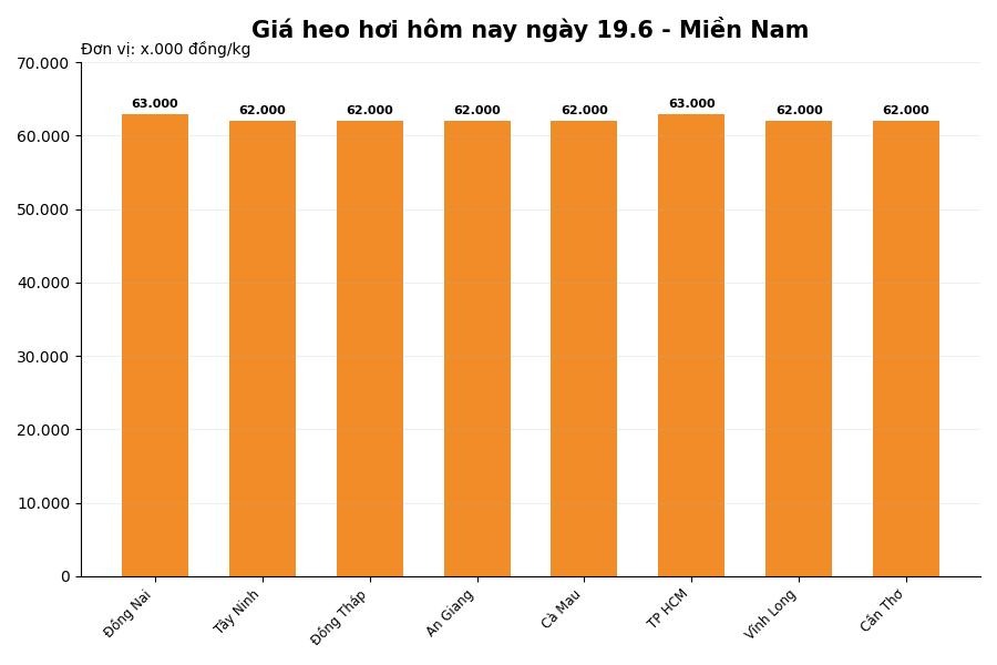 Giá heo hơi hôm nay 19.6 tại khu vực miền Nam. Đồ họa: Thùy Linh