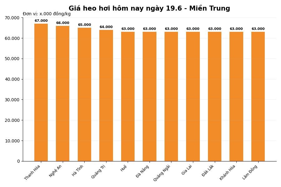 Giá heo hơi hôm nay 19.6 tại khu vực miền Trung. Đồ họa: Thùy Linh