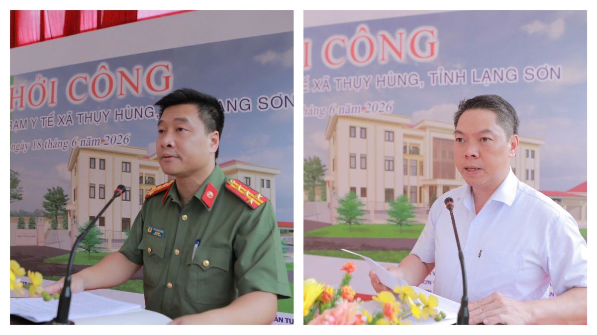 Đại tá Vũ Thanh Tùng - Giám đốc Công an tỉnh Lạng Sơn và đồng chí Đoàn Thanh Sơn - Phó Chủ tịch UBND tỉnh Lạng Sơn phát biểu tại buổi lễ.