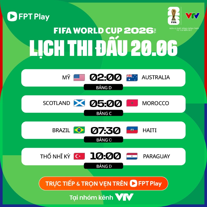 Lịch thi đấu World Cup 2026 ngày 20.6. Ảnh: FPT Play