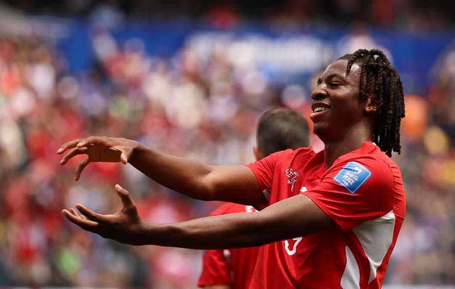 Johan Manzambi celebrates a goal in Switzerland's 4-1 victory over Bosnia & Herzegovina at the 2026 World Cup. Photo: Xinhua