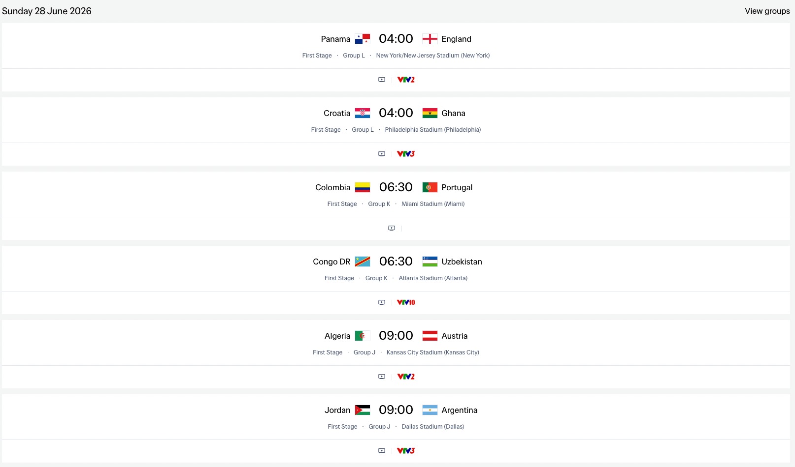Lịch thi đấu vòng bảng World Cup 2026. Ảnh: FIFA