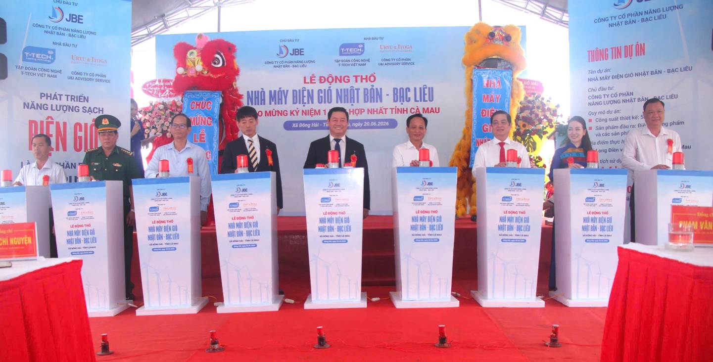 Động thổ Dự án Nhà máy điện gió Nhật Bản - Bạc Liêu, tỉnh Cà Mau. Ảnh: Nhật Hồ.
