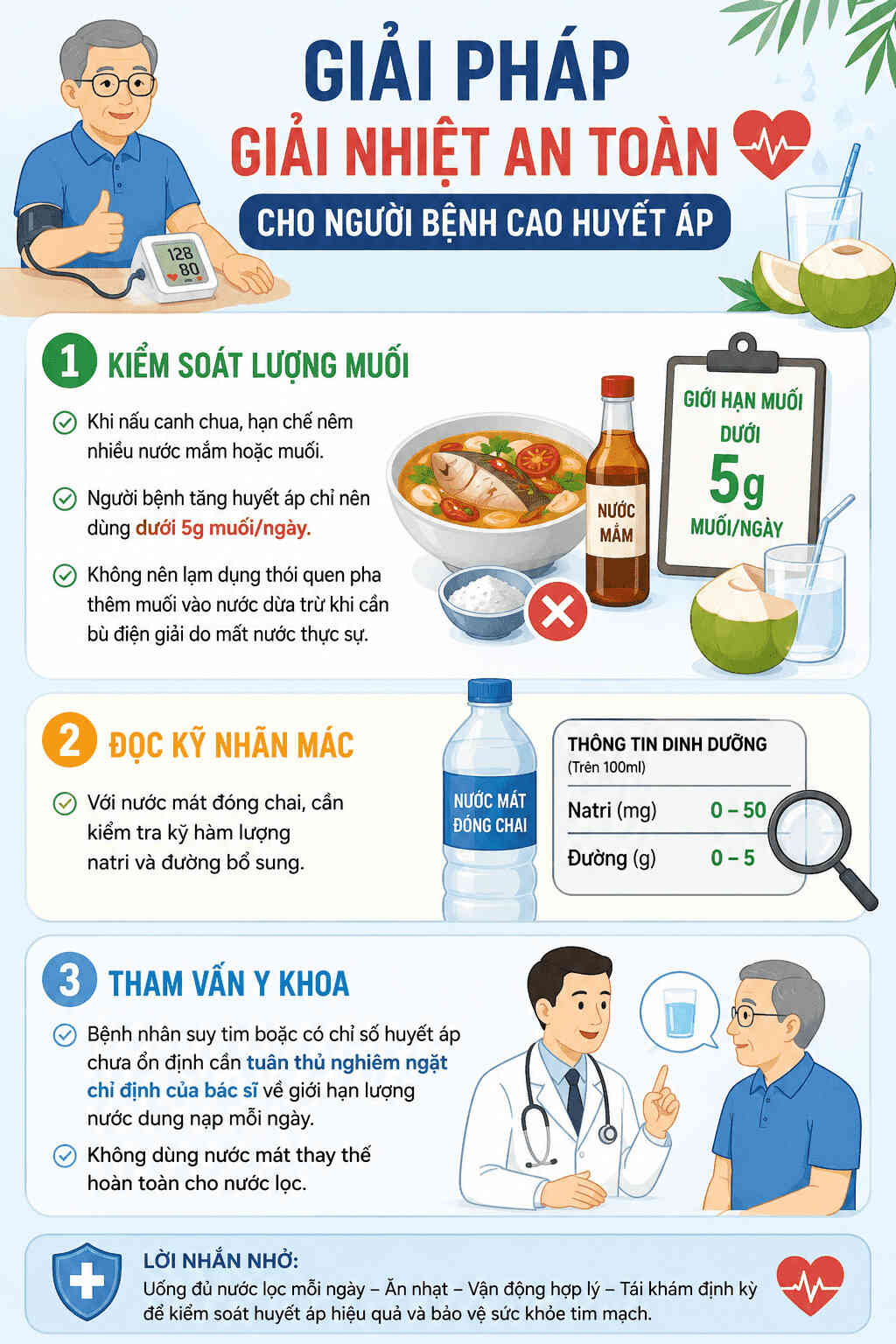 Infographic: Chi tiết hướng dẫn 3 giải pháp giải nhiệt mùa hè an toàn, không làm tăng huyết áp cho người bệnh tim mạch. Đồ họa: Trà My