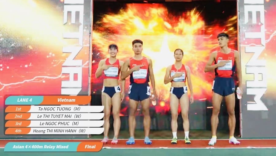 Ta Ngoc Tuong (far right) and the 4x400m mixed women's relay athletics team on the opening day. Photo: Organizing Committee