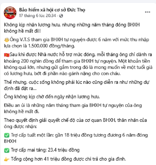 Bài viết đăng tải trên fanpage BHXH cơ sở Đức Thọ. Ảnh: BHXH Việt Nam