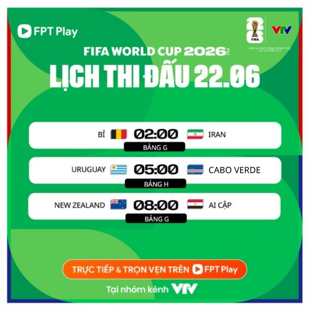 Lịch thi đấu World Cup 2026 ngày 22.6 (theo giờ Việt Nam). Ảnh: FPT Play
