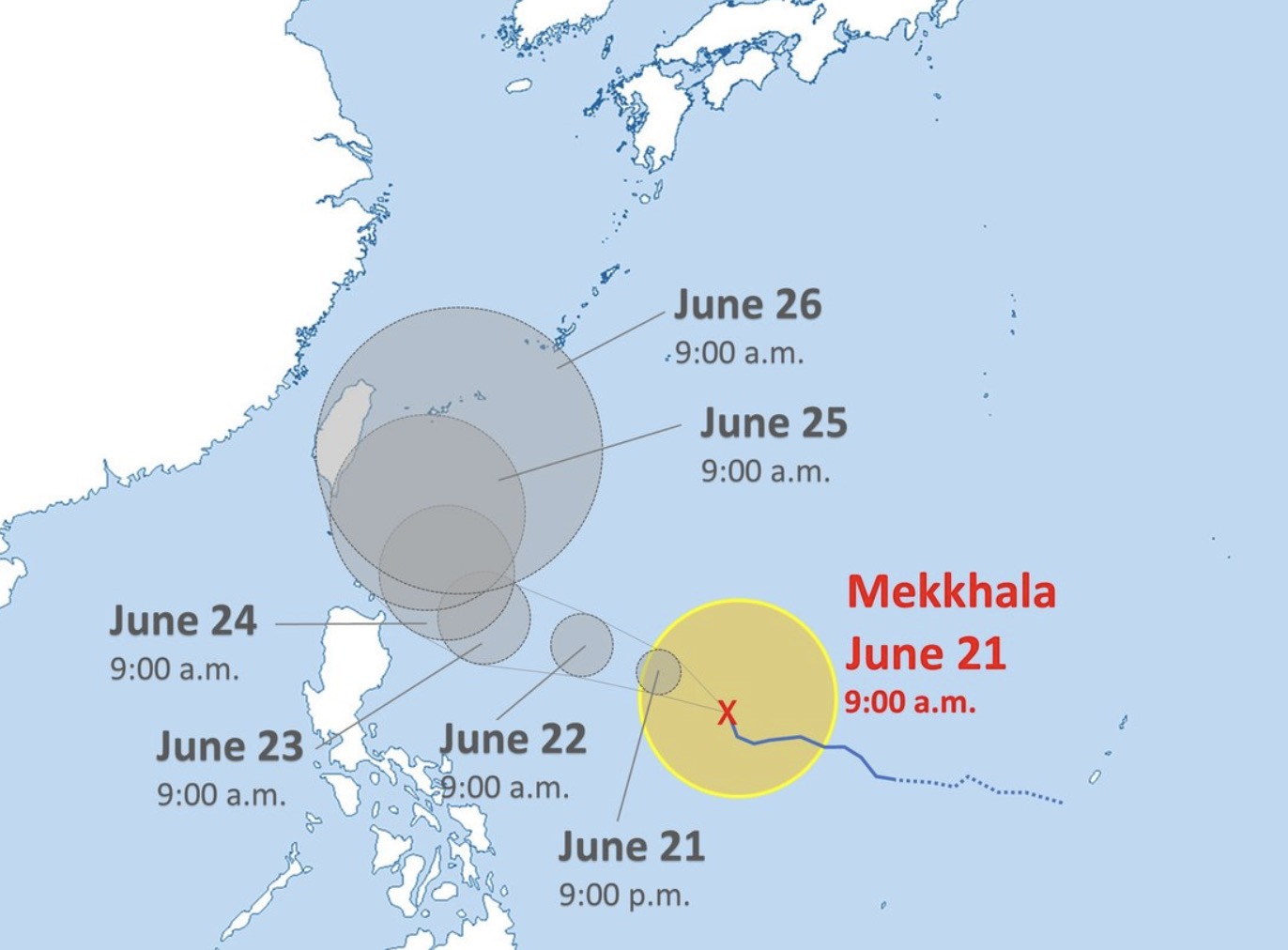 Dự báo đường đi của bão Mekkhala. Ảnh: JMA