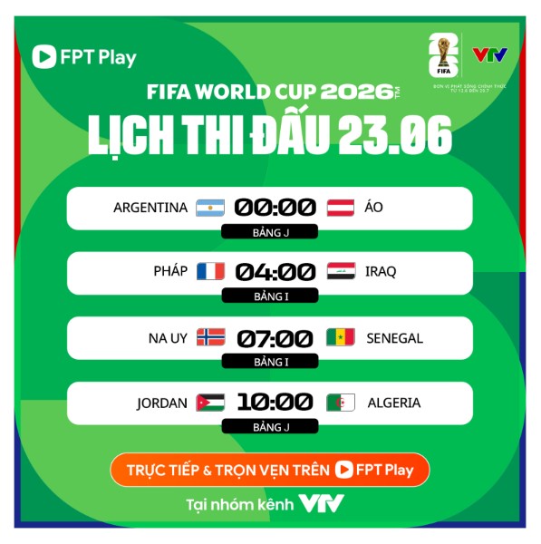 Lịch thi đấu World Cup 2026 ngày 23.6 (theo giờ Việt Nam). Ảnh: FPT Play
