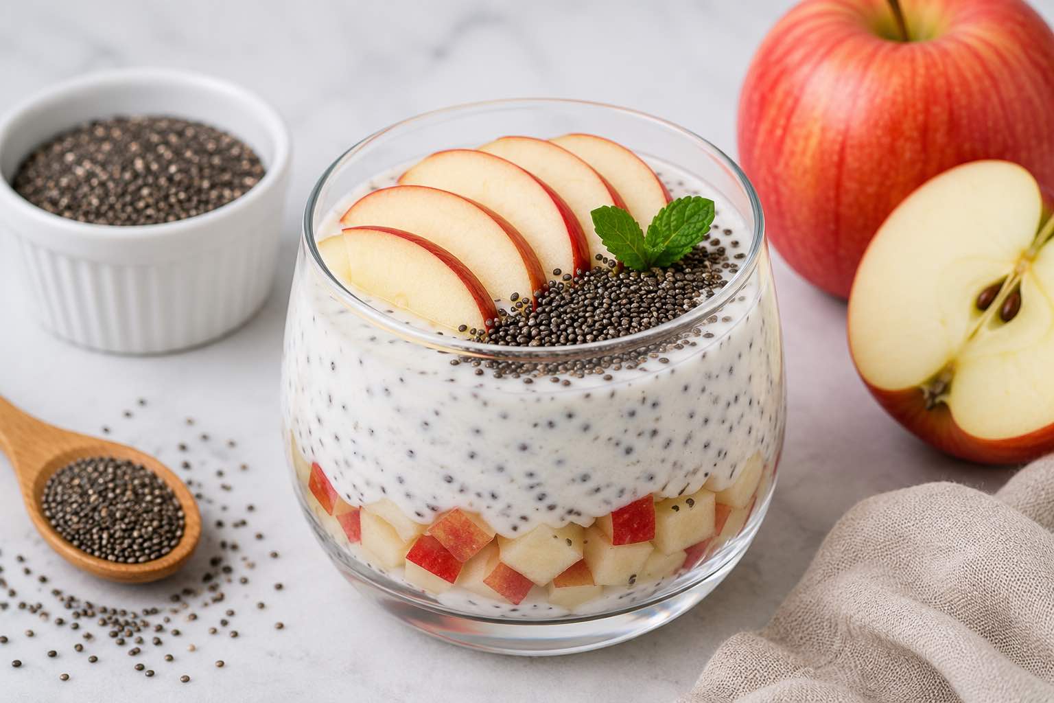 Chia seeds and apples are a rich fiber duo that supports the digestive system. Graphics: Vy Vy