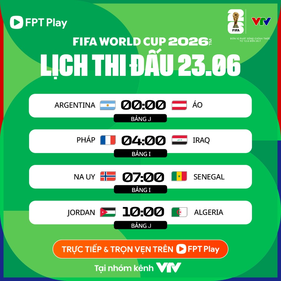 Lịch thi đấu World Cup 2026 ngày 23.6. Ảnh: FPT Play