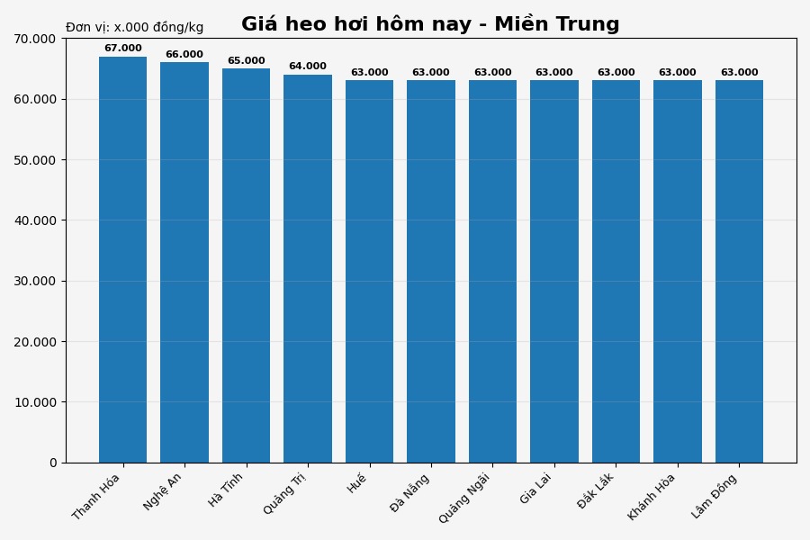 Giá heo hơi hôm nay 22.6 tại khu vực miền Trung. Đồ họa: Thùy Linh