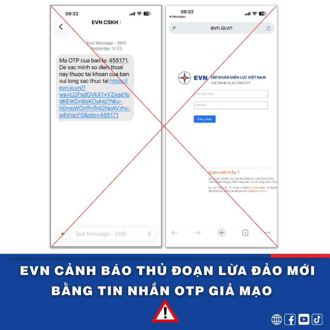 EVN warns of new scams using fake OTP messages. Photo: EVN