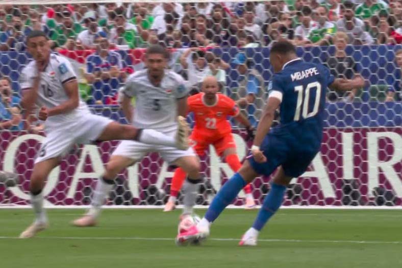 Mbappe scores for France before the match is postponed. Photo: Cut from video