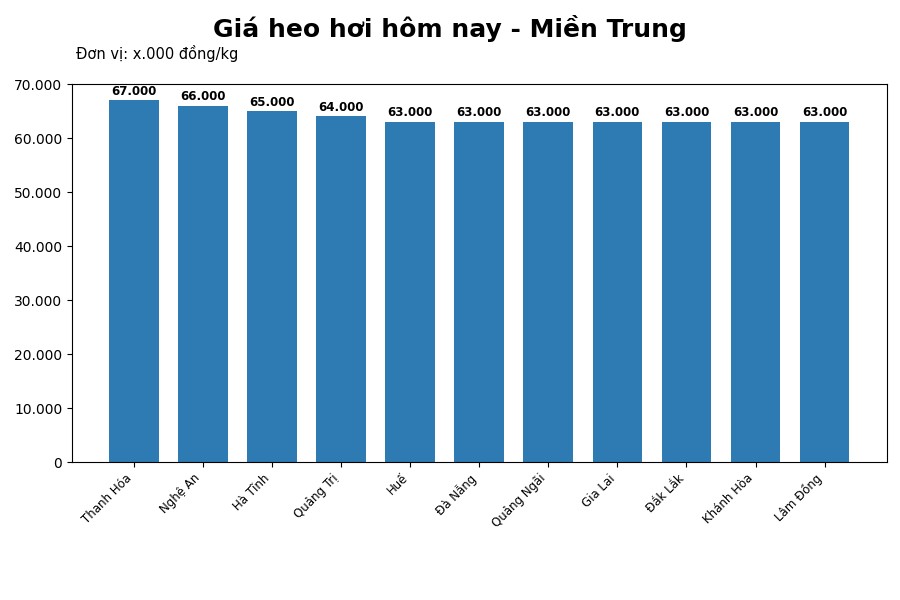 Giá heo hơi hôm nay 23.6 tại khu vực miền Trung. Đồ họa: Thùy Linh