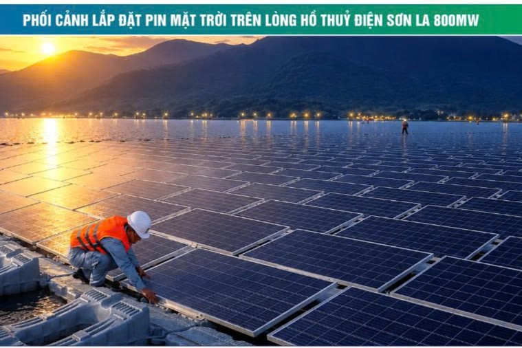 Phối cảnh lắp đặt pin mặt trời thuộc Dự án điện mặt trời nổi trên lòng hồ thủy điện Sơn La. Ảnh: Dự án cung cấp