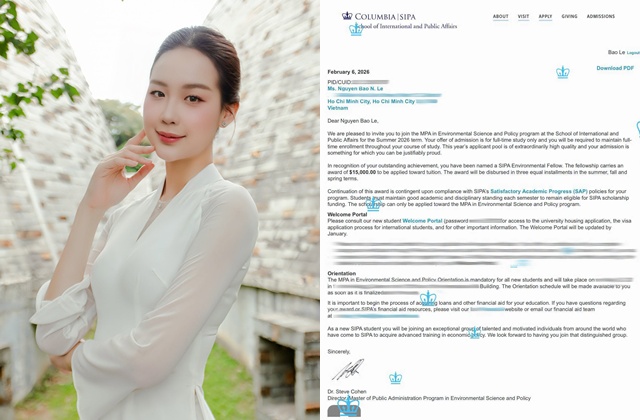 Hoa hậu Bảo Ngọc chia sẻ lá thư trúng tuyển chương trình Thạc sĩ tại Đại học Columbia (Mỹ). Ảnh NVCC