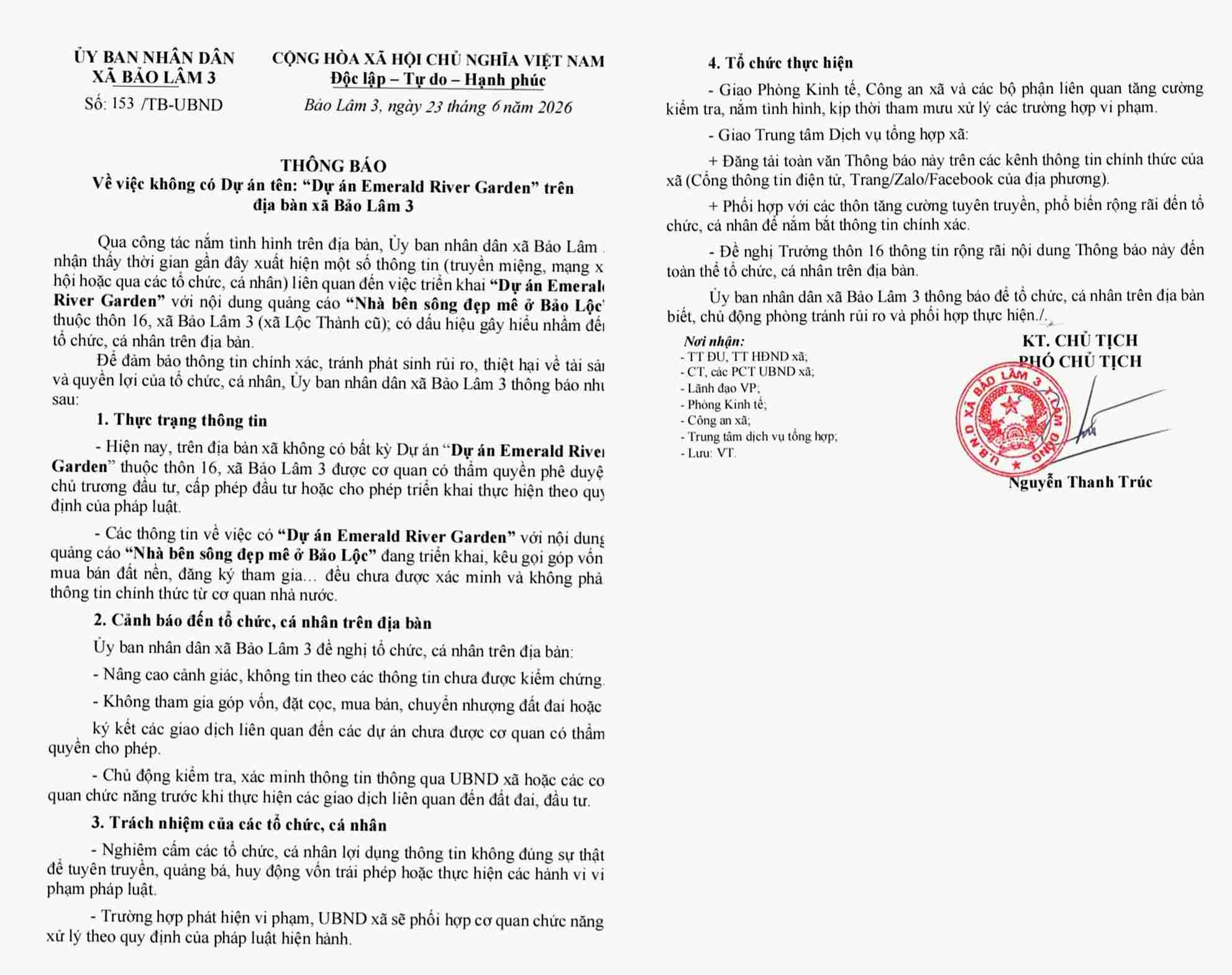 Thông báo của UBND xã Bảo Lâm 3 về thông tin sai sự thật liên quan đến dự án “Làng Oa” tự vẽ. Ảnh: Phúc Khánh