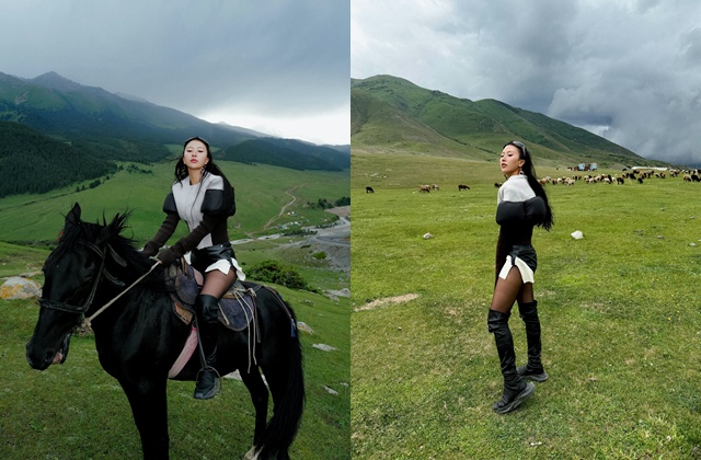 Quỳnh Anh Shyn hòa mình với thiên nhiên trên đồng cỏ bạt ngàn ở Kyrgyzstan. 