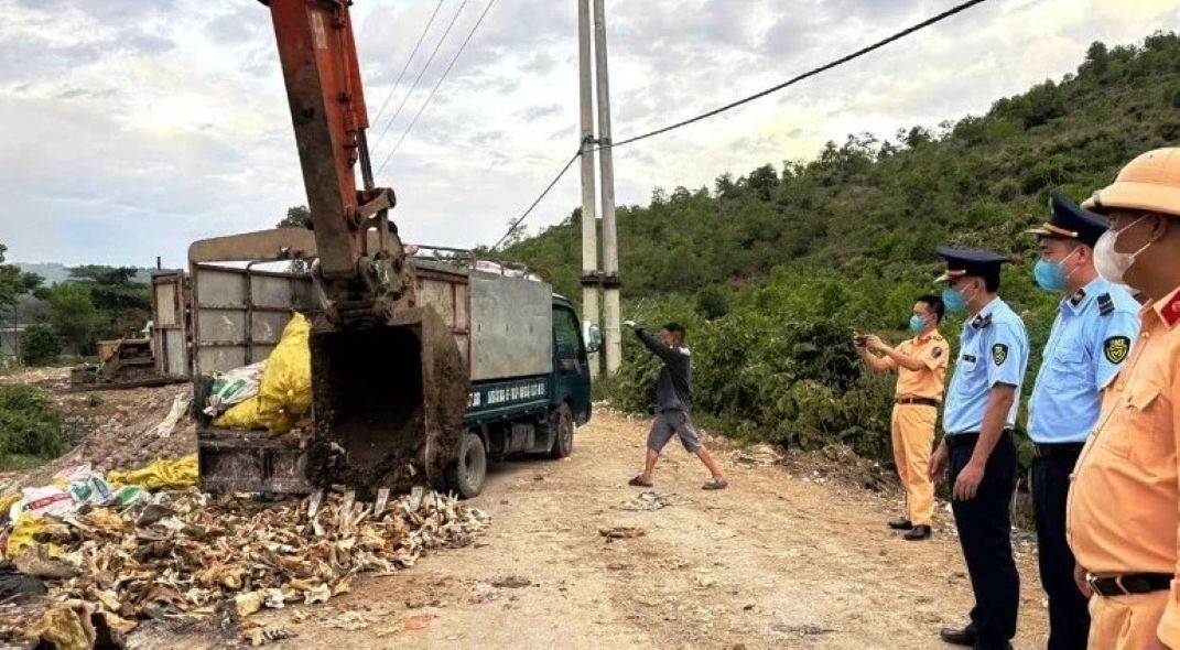 Market Management forces and functional agencies handle and destroy animal bones of unknown origin. Photo: QLTT Thanh Hoa