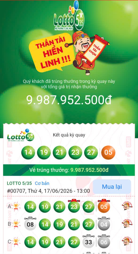 Bộ số đem lại giải thưởng gần 9,99 tỷ đồng cho ông V.H. Ảnh: Xổ số Vietlott