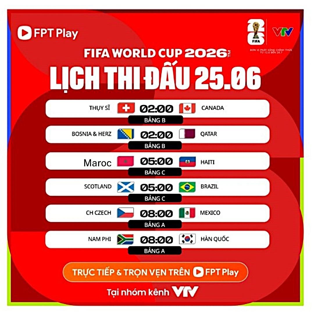 Lịch thi đấu World Cup 2026 ngày 25.6 (theo giờ Việt Nam). Ảnh: FPT Play