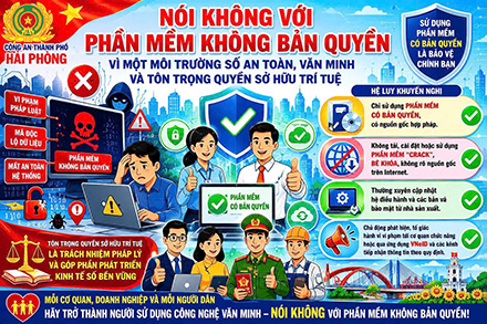 Công an Hải Phòng cảnh báo không dùng phần mềm không bản quyền. Ảnh: Công an Hải Phòng