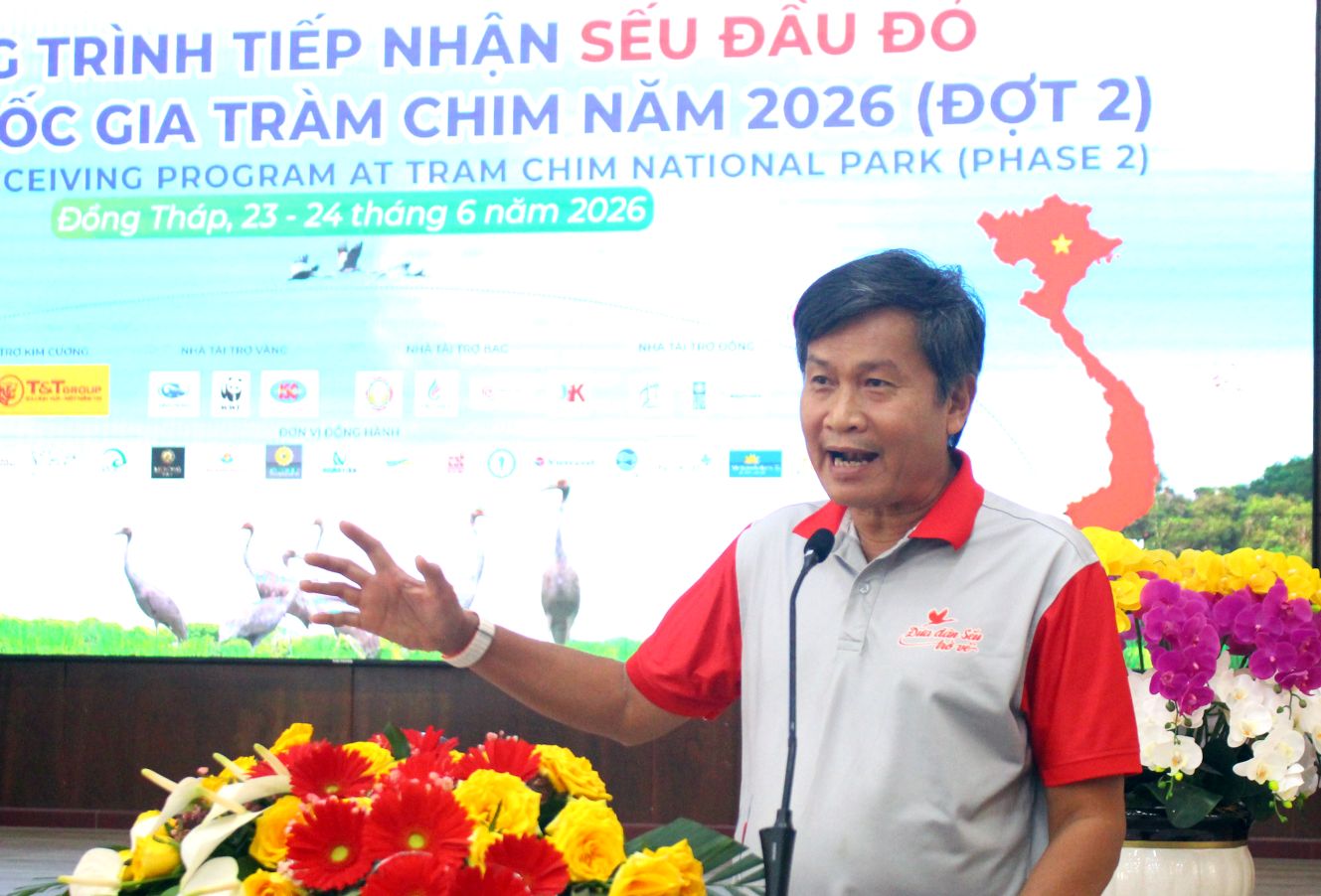 TS Trần Triết - Giám đốc Chương trình Bảo tồn Sếu Đông Nam Á phát biểu tại chương trình. Ảnh: Thanh Mai