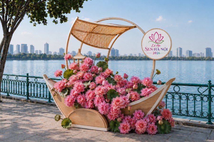 1 trong 7 khu tiểu cảnh nghệ thuật được sắp đặt kỳ công tại Lễ hội Sen Hà Nội 2026. Ảnh: Ban tổ chức