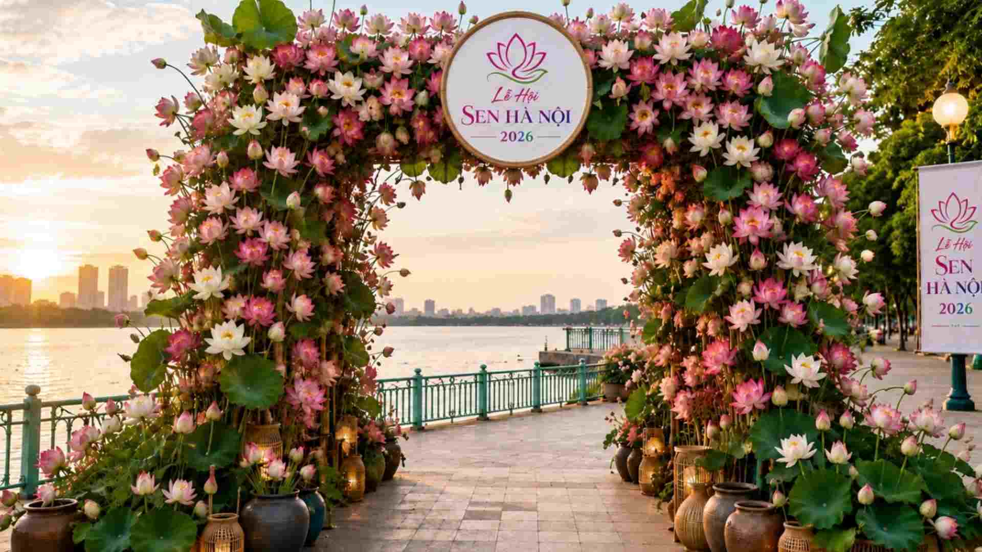 Khu vực Cổng sen được dựng kỳ công tại khu vực hồ Tây. Ảnh: Ban tổ chức 