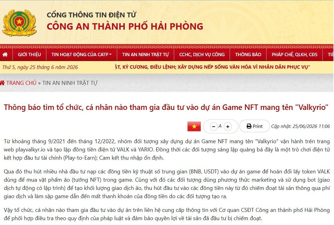 Công an Hải Phòng tìm bị hại vụ game NFT Valkyrio có dấu hiệu chiếm đoạt tài sản. Ảnh: Công an Hải Phòng