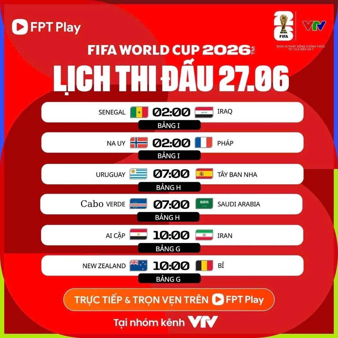 Lịch trực tiếp bóng đá World Cup 2026 ngày 27.6 (theo giờ Việt Nam). Ảnh: FPT Play
