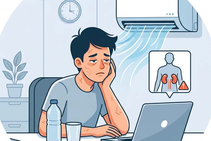 Sitting in air conditioning all day can increase the risk of dehydration and affect the kidneys. Graphics: Thien Nhan