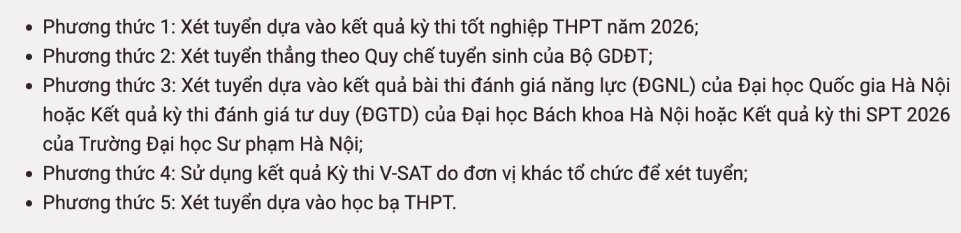 Phương thức xét tuyển của nhà trường. Ảnh: Nhà trường