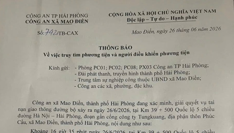 Công an xã Mao Điền thông báo truy tìm phương tiện liên quan vụ tai nạn giao thông đường bộ trên Quốc lộ 5. Ảnh: Chụp màn hình