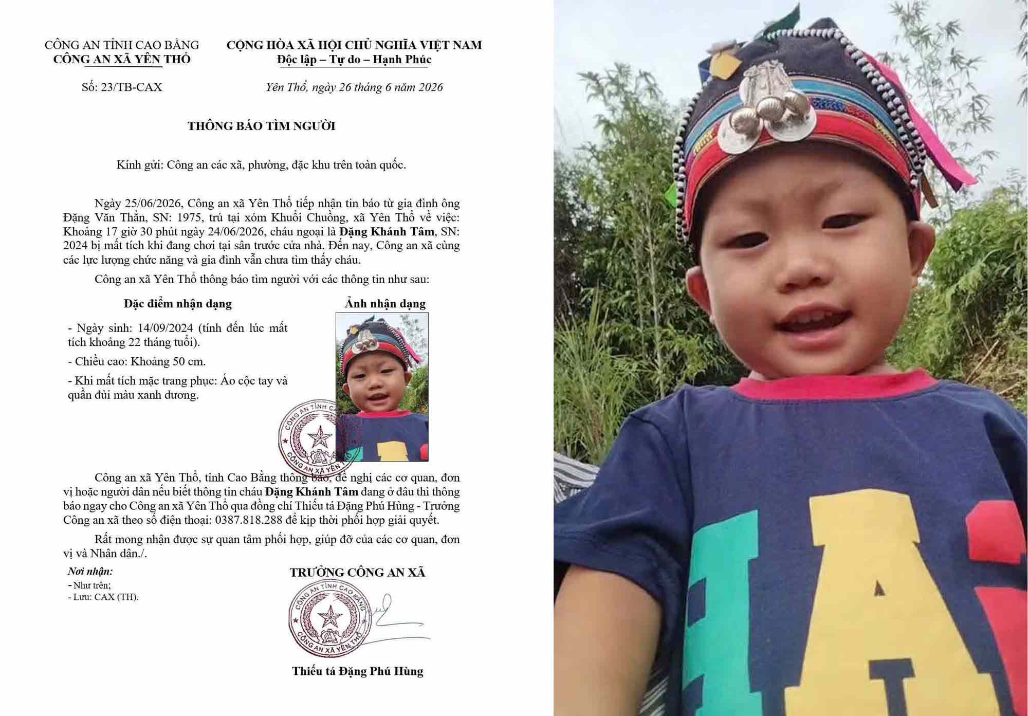 While playing in front of his grandfather's house, a nearly 2-year-old boy in Cao Bang suddenly disappeared. Photo: Yen Tho Commune People's Committee