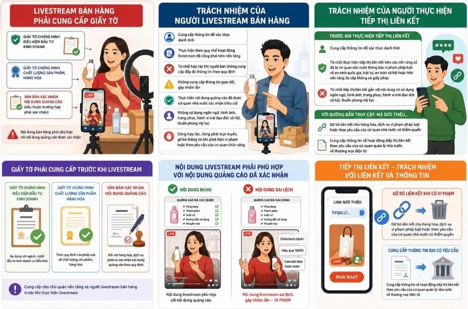 Người bán hàng livestream và thực hiện tiếp thị liên kết cần nắm rõ trách nhiệm và quyền hạn của mình trong việc quảng cáo, gắn đường dẫn sản phẩm. Đồ họa: AI 