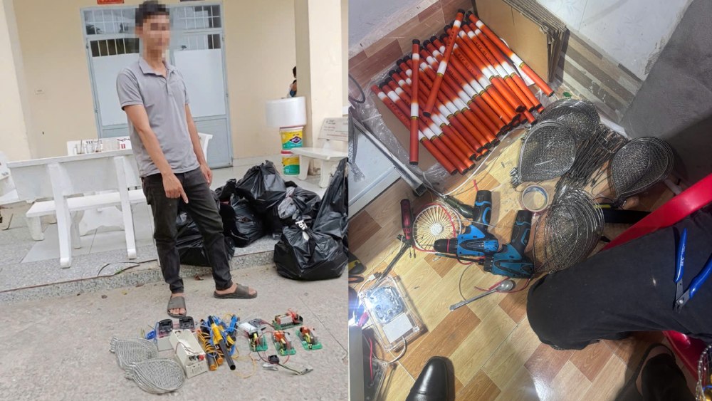 Công an xã Thạnh Lộc bắt quả tang N.N.L có hành vi mua bán công cụ kích điện dùng để đánh bắt thủy sản thông qua kênh TikTok "Thiên Kim 68". Ảnh: CACC